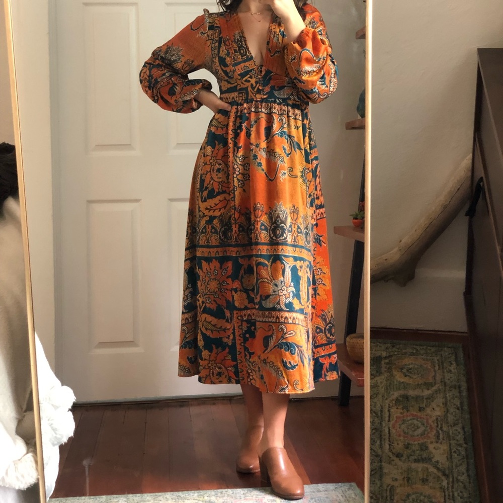 Urban Outfitters Fall Midi Dress. Oranges and teals for the perfect fall colors